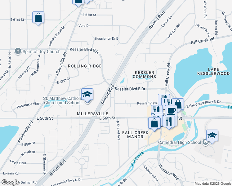 map of restaurants, bars, coffee shops, grocery stores, and more near 4705 Kessler Boulevard East Drive in Indianapolis
