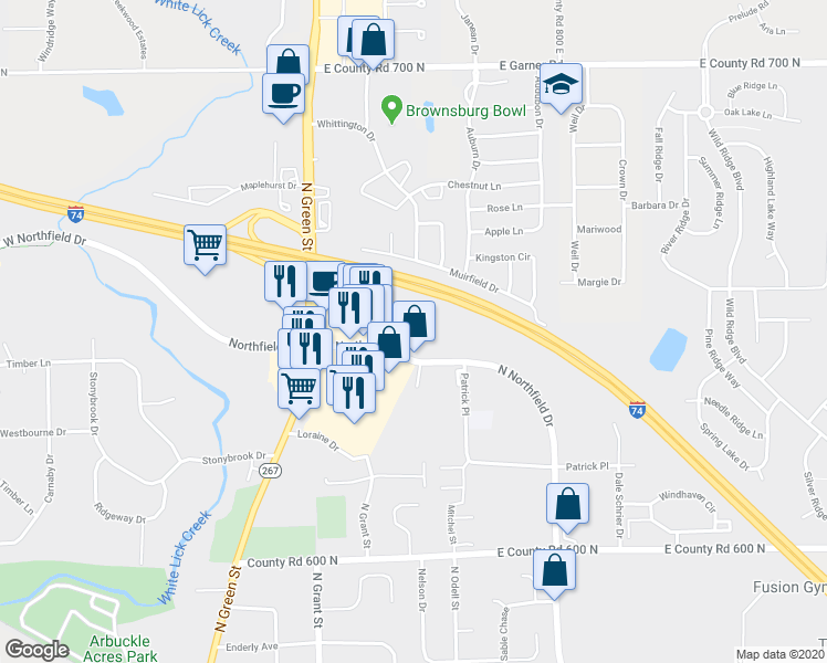 map of restaurants, bars, coffee shops, grocery stores, and more near 250 East Northfield Drive in Brownsburg