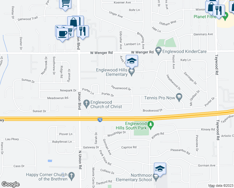 map of restaurants, bars, coffee shops, grocery stores, and more near 312 Porter Drive in Englewood