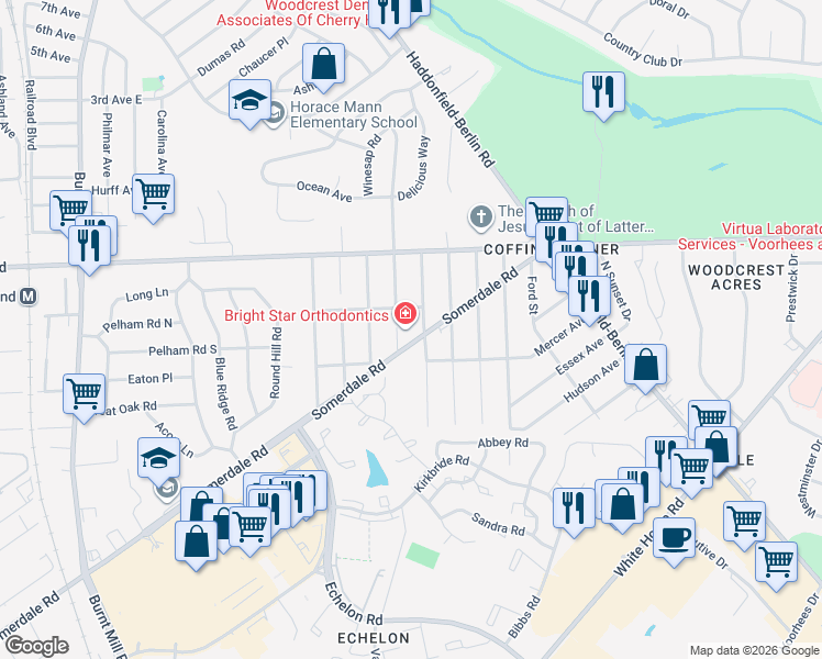 map of restaurants, bars, coffee shops, grocery stores, and more near 20 Bergen Avenue in Voorhees Township