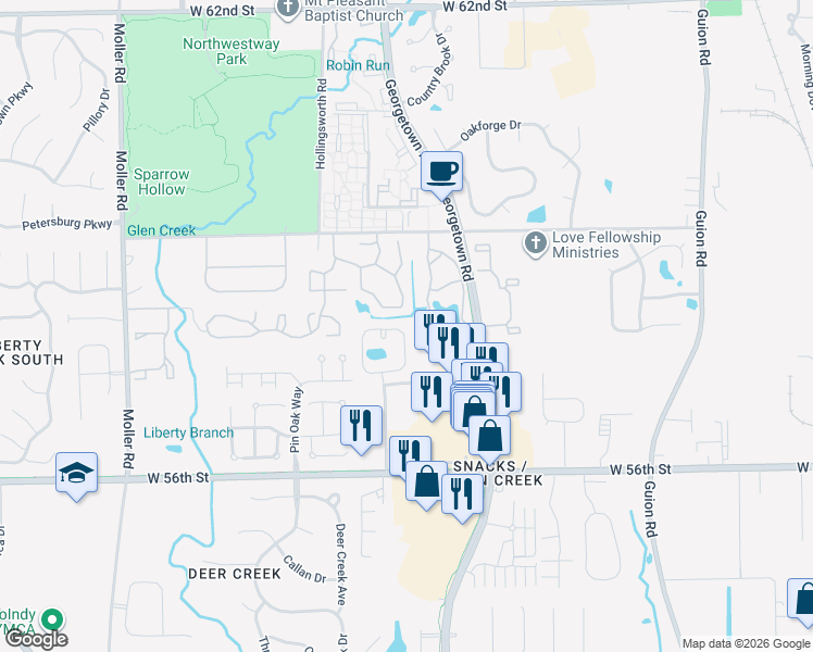map of restaurants, bars, coffee shops, grocery stores, and more near 5779 Eden Village Drive in Indianapolis
