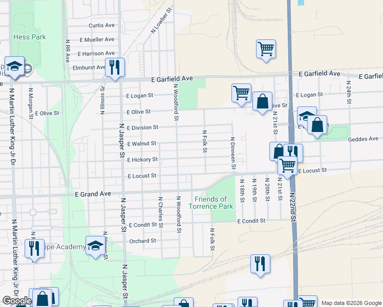 map of restaurants, bars, coffee shops, grocery stores, and more near 1561 East Walnut Street in Decatur
