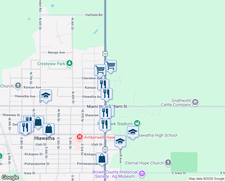 map of restaurants, bars, coffee shops, grocery stores, and more near 600-608 Ottawa Street in Hiawatha