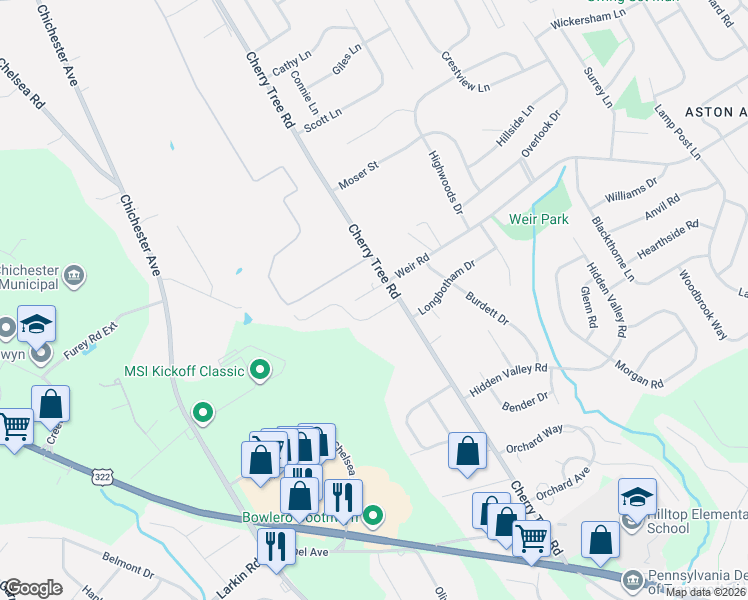 map of restaurants, bars, coffee shops, grocery stores, and more near 908 Cherry Tree Road in Aston