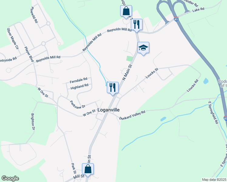 map of restaurants, bars, coffee shops, grocery stores, and more near 38 North Main Street in Seven Valleys