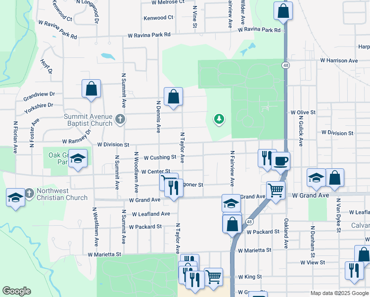 map of restaurants, bars, coffee shops, grocery stores, and more near 1548 Taylor Street in Decatur