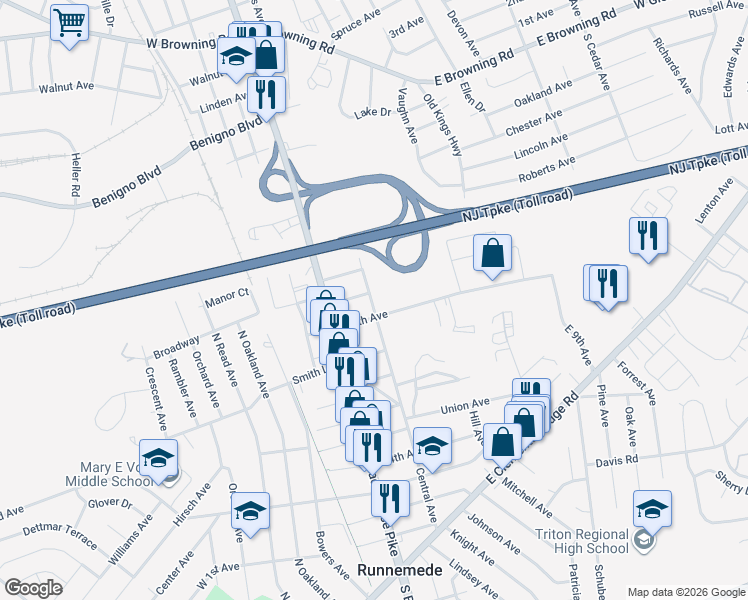 map of restaurants, bars, coffee shops, grocery stores, and more near 954 Central Avenue in Runnemede