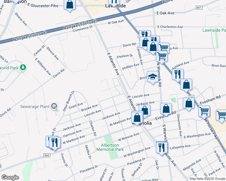 map of restaurants, bars, coffee shops, grocery stores, and more near 600 North Walnut Avenue in Magnolia