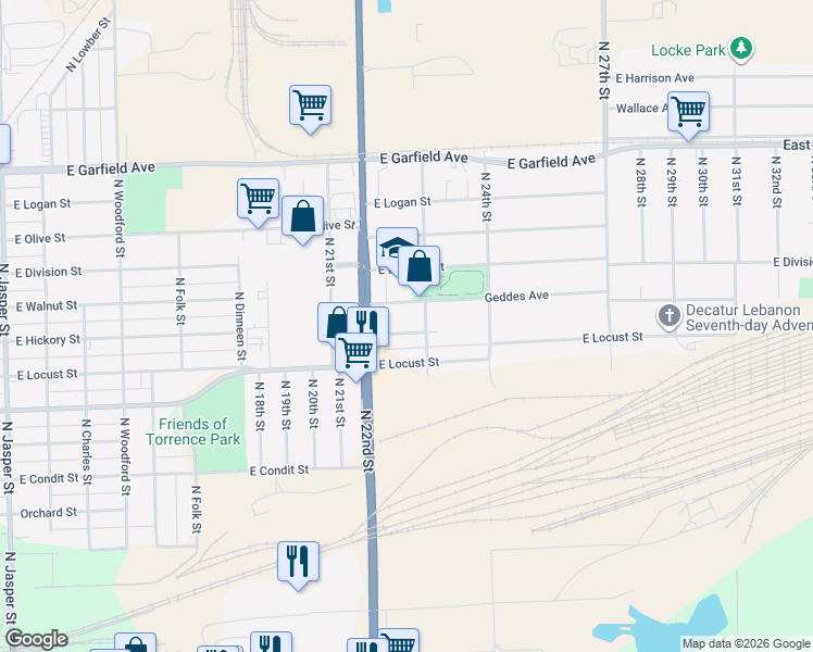 map of restaurants, bars, coffee shops, grocery stores, and more near 1501-1599 North 23rd Street in Decatur