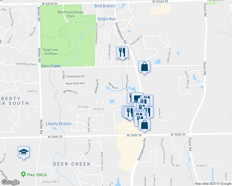 map of restaurants, bars, coffee shops, grocery stores, and more near 5779 Eden Village Drive in Indianapolis