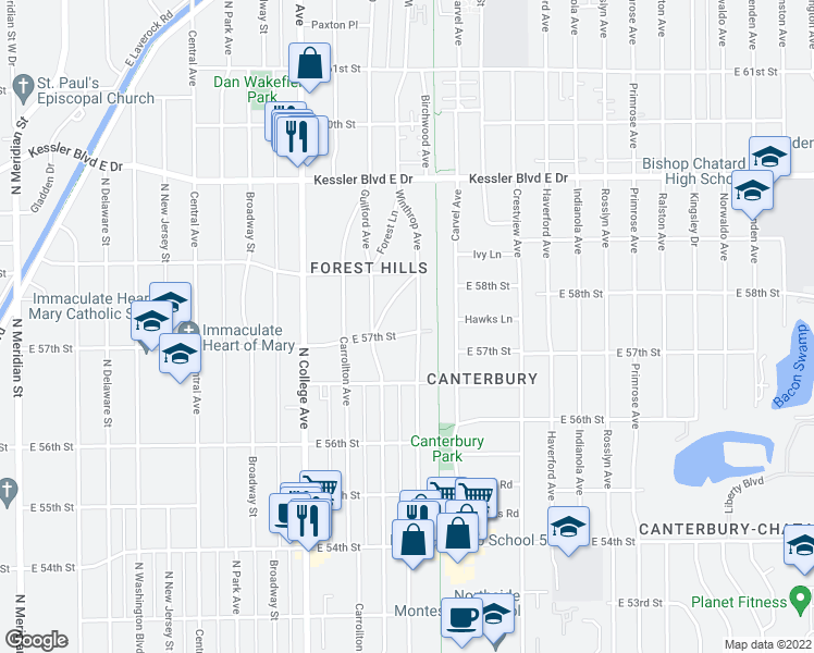 map of restaurants, bars, coffee shops, grocery stores, and more near 934 East 57th Street in Indianapolis