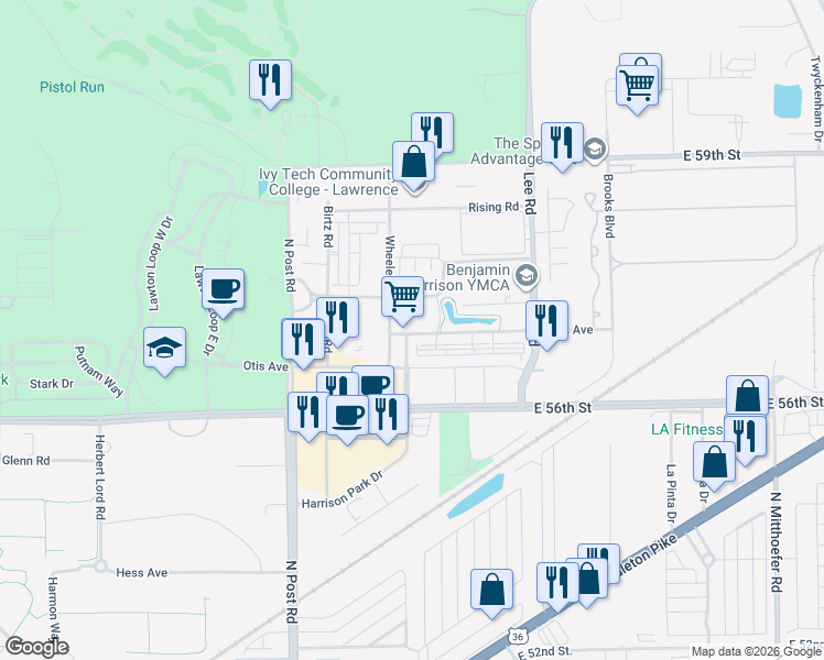 map of restaurants, bars, coffee shops, grocery stores, and more near 9225 Hawkins Road in Indianapolis