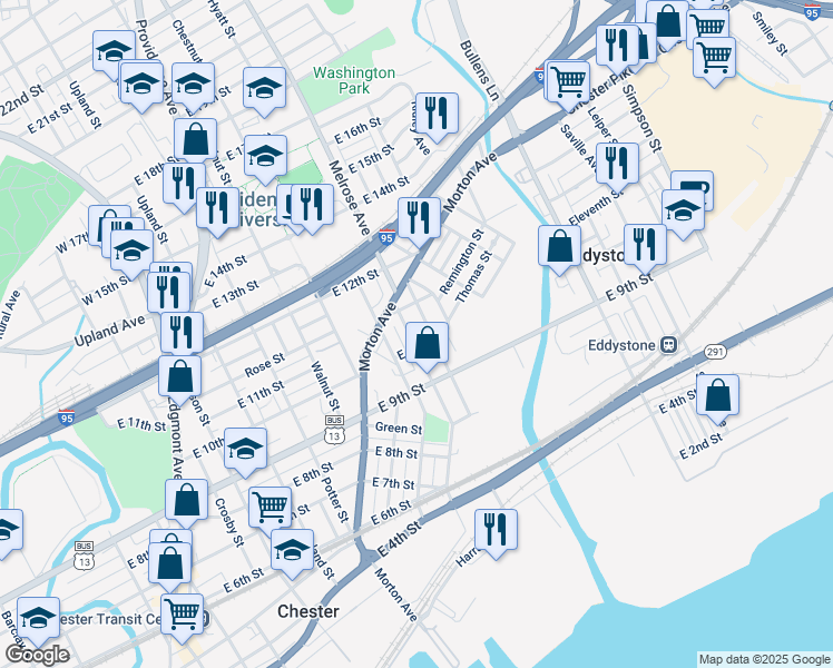 map of restaurants, bars, coffee shops, grocery stores, and more near 1011 McDowell Avenue in Chester