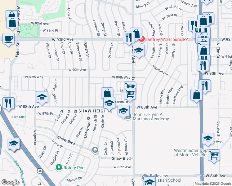 map of restaurants, bars, coffee shops, grocery stores, and more near 8861 Osceola Street in Westminster