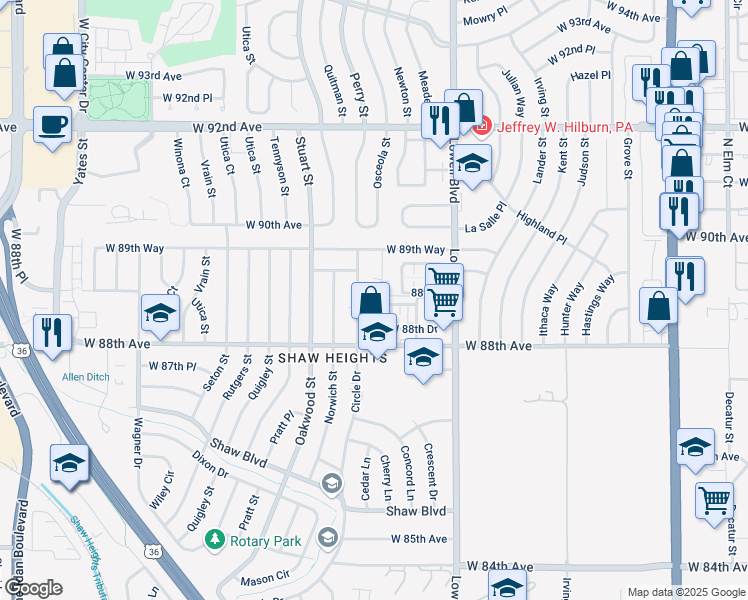 map of restaurants, bars, coffee shops, grocery stores, and more near 8861 Osceola Street in Westminster
