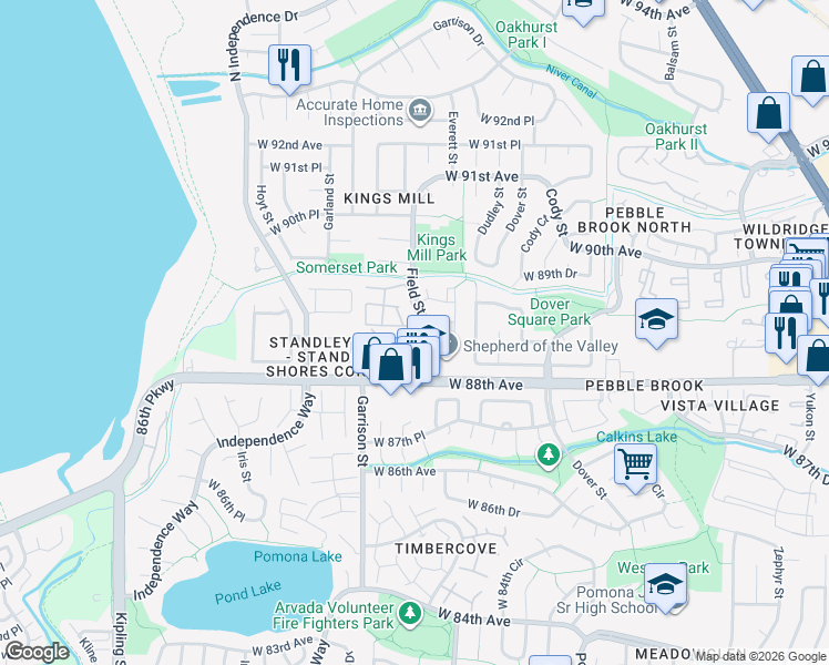 map of restaurants, bars, coffee shops, grocery stores, and more near 9178 West 88th Circle in Westminster