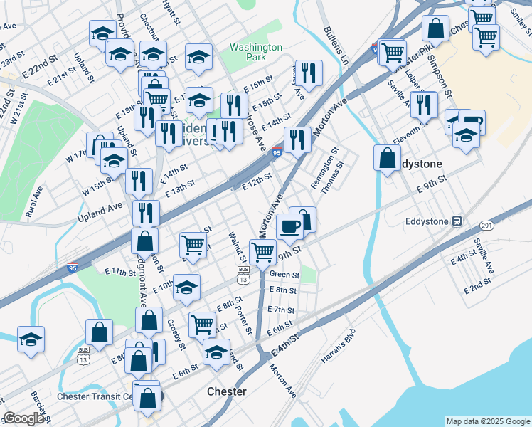 map of restaurants, bars, coffee shops, grocery stores, and more near 1 Blakley Street in Chester