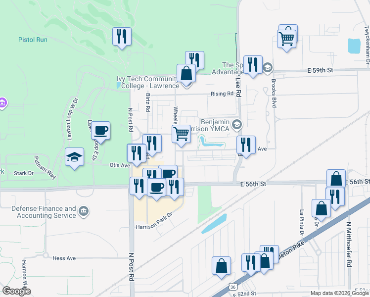 map of restaurants, bars, coffee shops, grocery stores, and more near 9225 Hawkins Road in Indianapolis