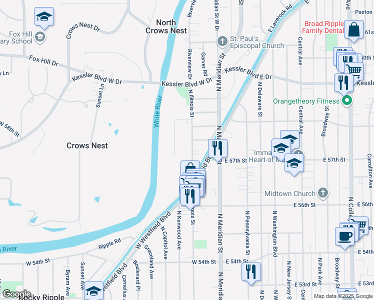 map of restaurants, bars, coffee shops, grocery stores, and more near 5670 North Illinois Street in Indianapolis