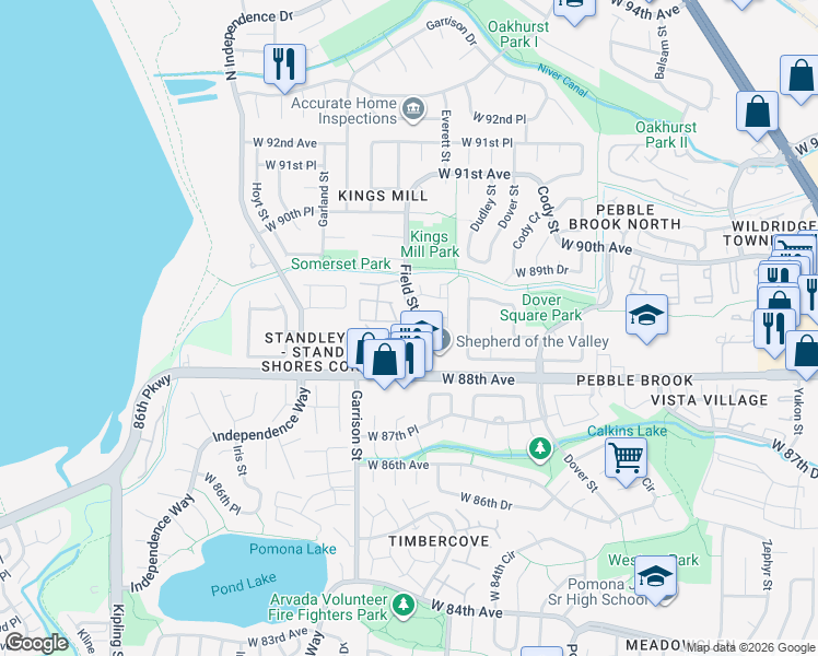 map of restaurants, bars, coffee shops, grocery stores, and more near 9178 West 88th Circle in Westminster