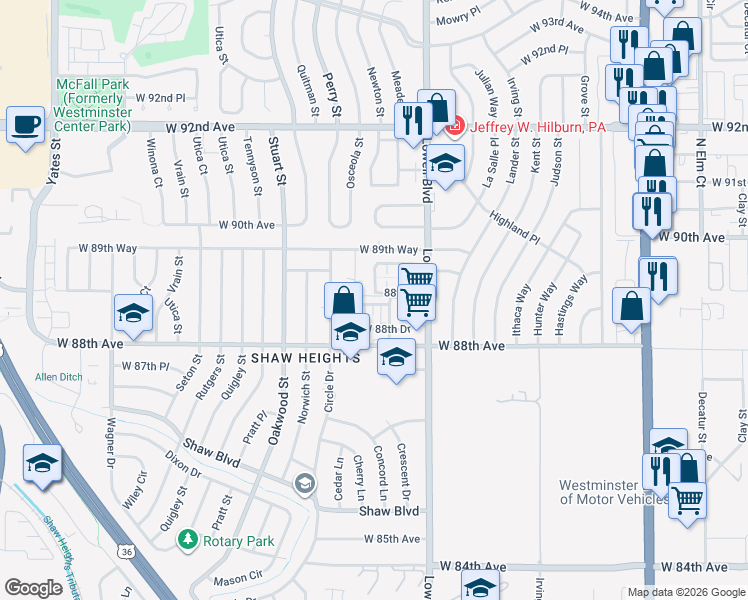 map of restaurants, bars, coffee shops, grocery stores, and more near 8862 Meade Court in Westminster