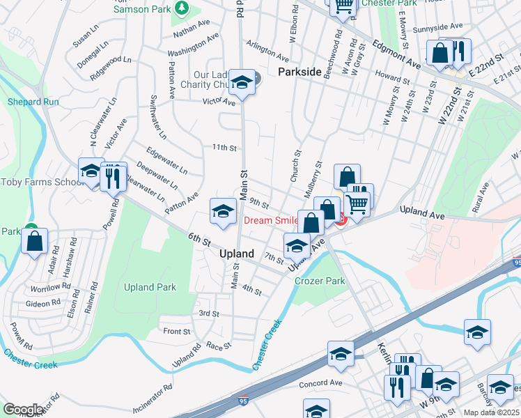 map of restaurants, bars, coffee shops, grocery stores, and more near 405 9th Street in Upland