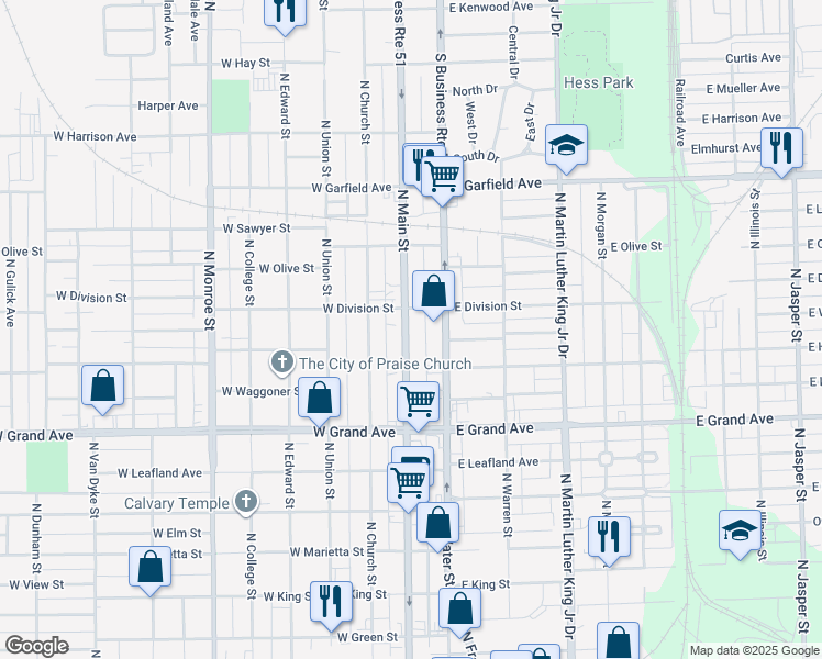 map of restaurants, bars, coffee shops, grocery stores, and more near 1562 North Main Street in Decatur
