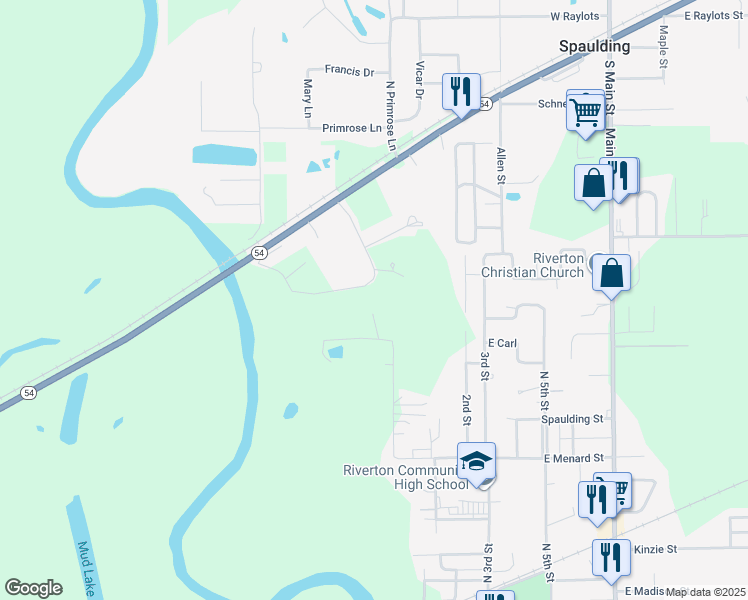 map of restaurants, bars, coffee shops, grocery stores, and more near 5446 River View Road in Spaulding
