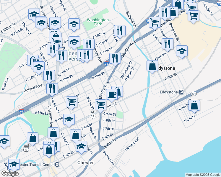 map of restaurants, bars, coffee shops, grocery stores, and more near 1018 McDowell Avenue in Chester