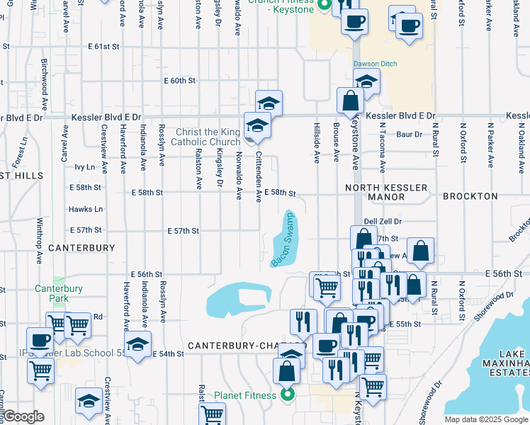 map of restaurants, bars, coffee shops, grocery stores, and more near 5730 Crittenden Avenue in Indianapolis