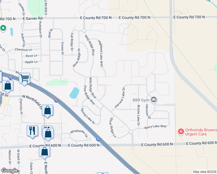 map of restaurants, bars, coffee shops, grocery stores, and more near 1350 Mineral Lake Court in Brownsburg