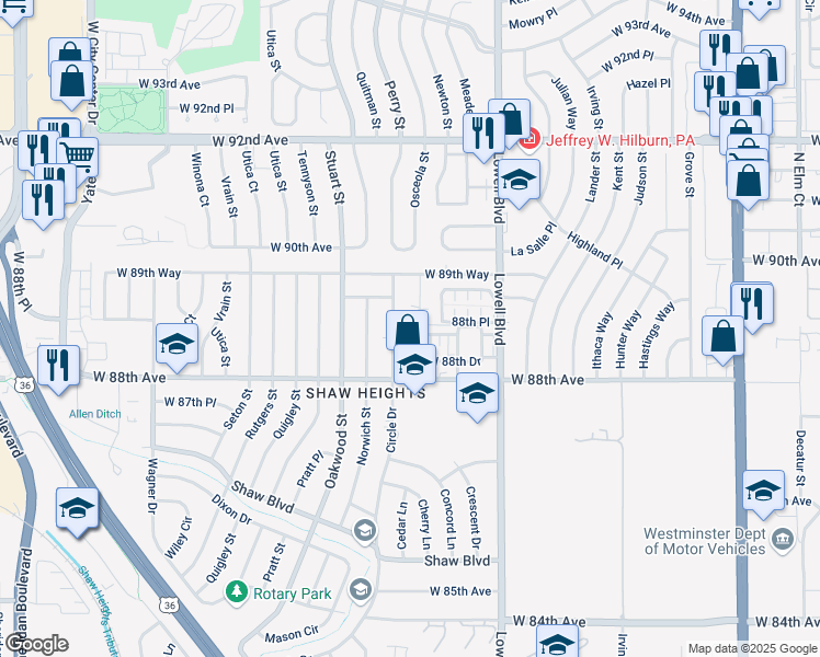 map of restaurants, bars, coffee shops, grocery stores, and more near 8861 Osceola Street in Westminster