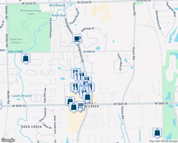 map of restaurants, bars, coffee shops, grocery stores, and more near 5764 Sebring Drive in Indianapolis