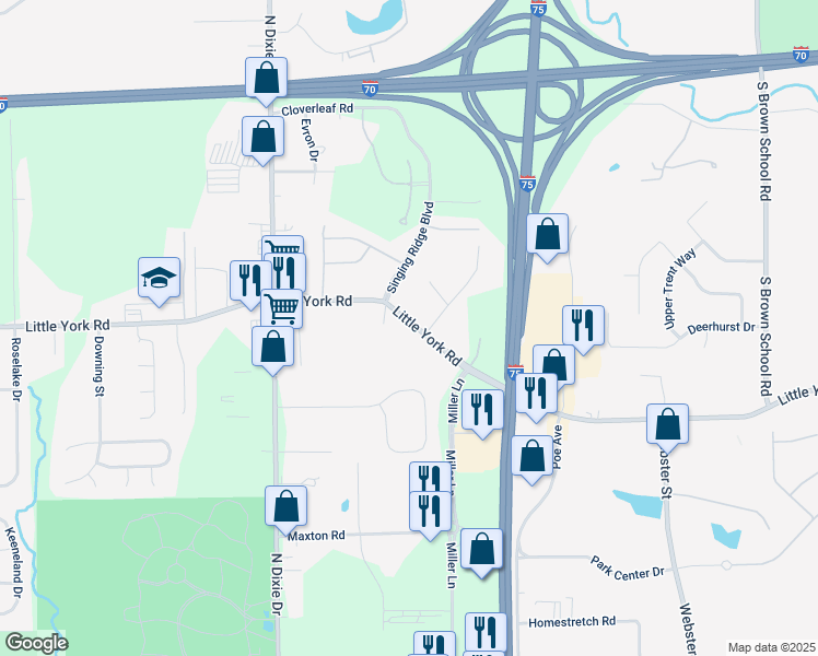 map of restaurants, bars, coffee shops, grocery stores, and more near 3970 Little York Road in Dayton