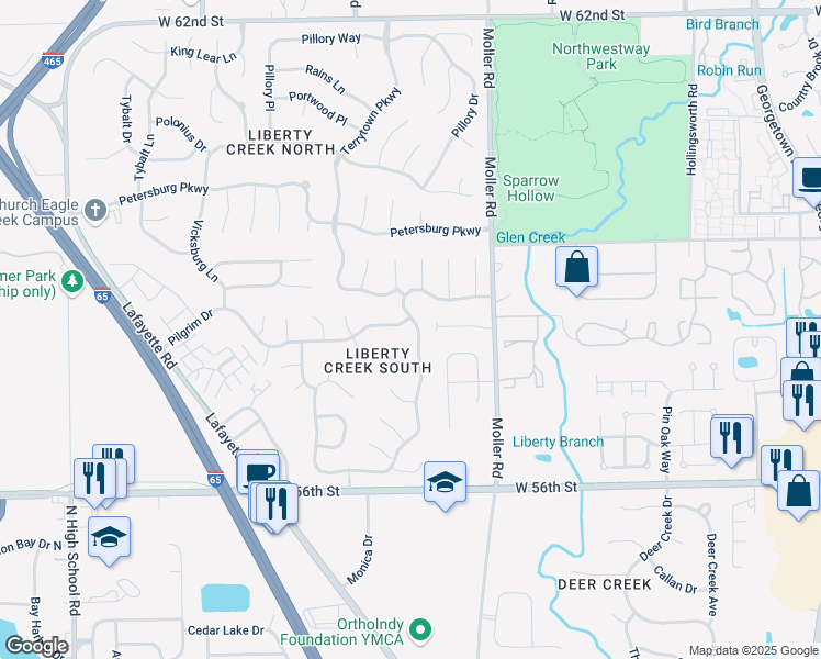 map of restaurants, bars, coffee shops, grocery stores, and more near 5782 Liberty Creek Drive East in Indianapolis
