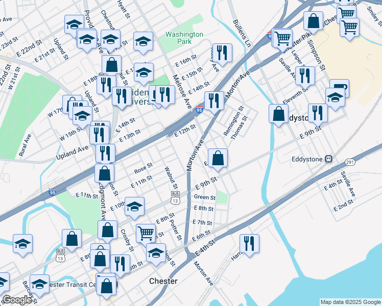 map of restaurants, bars, coffee shops, grocery stores, and more near 1 Blakley Street in Chester