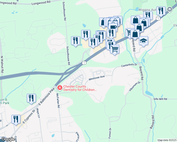 map of restaurants, bars, coffee shops, grocery stores, and more near 121 Concord Court in Kennett Square