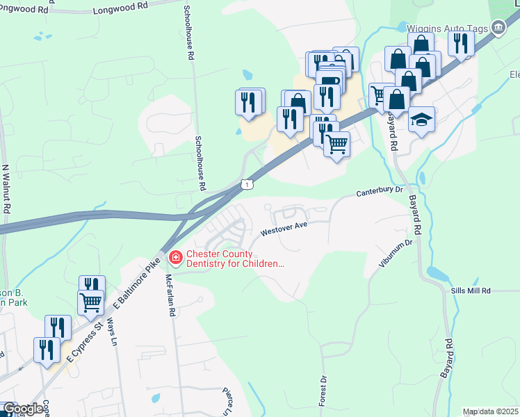 map of restaurants, bars, coffee shops, grocery stores, and more near 121 Concord Court in Kennett Square