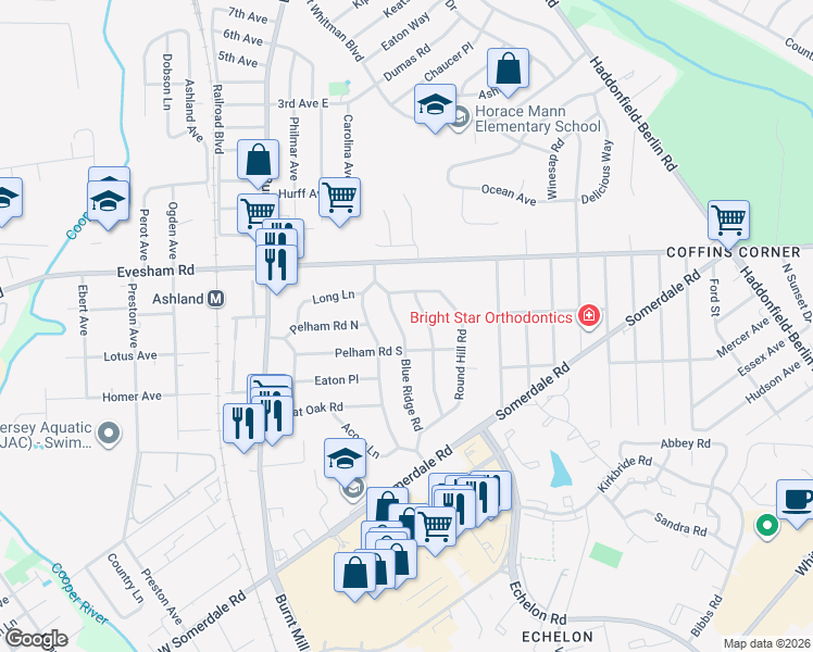 map of restaurants, bars, coffee shops, grocery stores, and more near 13 Blue Ridge Road in Voorhees Township