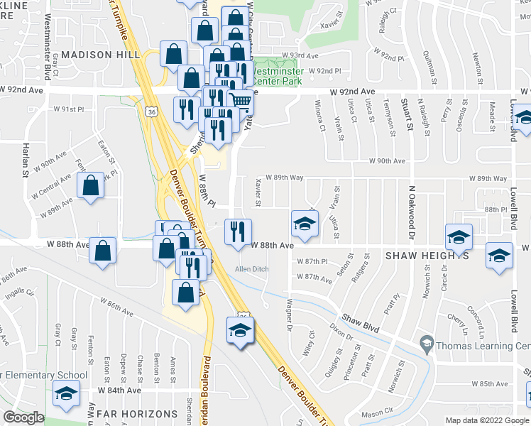 map of restaurants, bars, coffee shops, grocery stores, and more near 4850 West 88th Place in Westminster
