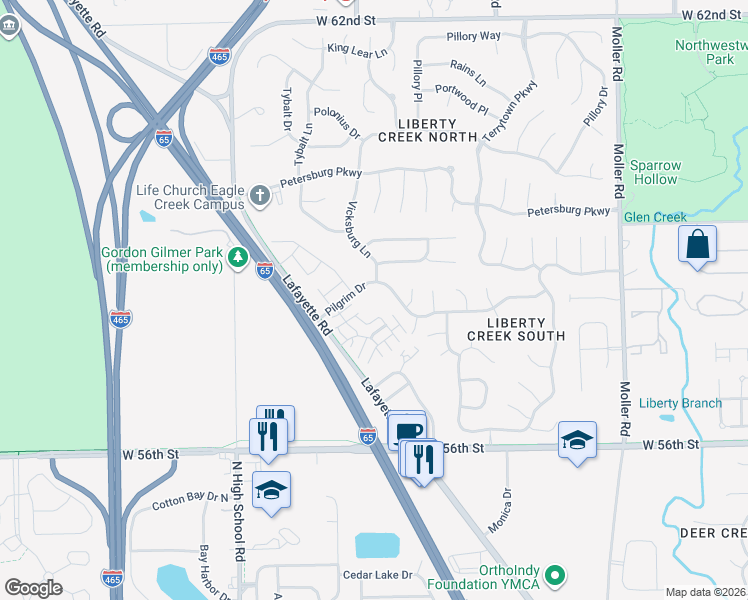 map of restaurants, bars, coffee shops, grocery stores, and more near 5813 Pilgrim Dr in Indianapolis