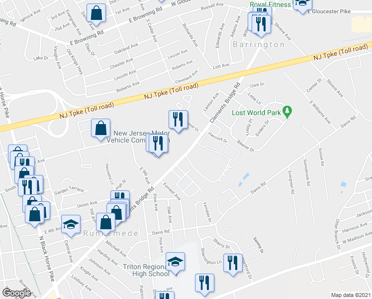map of restaurants, bars, coffee shops, grocery stores, and more near 1303 Clements Bridge Road in Barrington