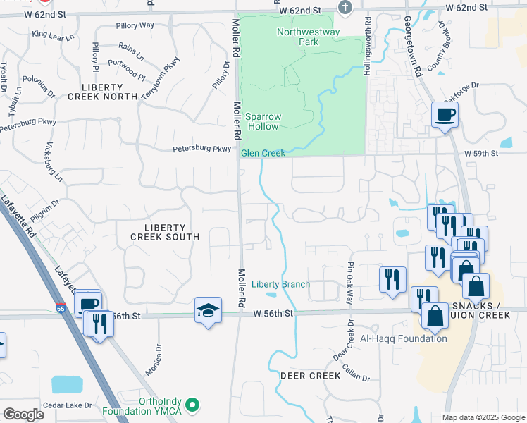 map of restaurants, bars, coffee shops, grocery stores, and more near 5760 Little Creek Drive in Indianapolis