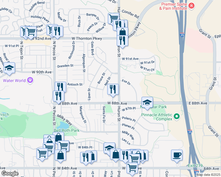 map of restaurants, bars, coffee shops, grocery stores, and more near 8864 Neil Street in Thornton