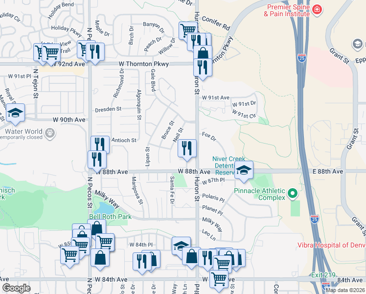 map of restaurants, bars, coffee shops, grocery stores, and more near 8901 Huron Street in Thornton