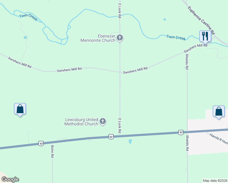 map of restaurants, bars, coffee shops, grocery stores, and more near 7337 East Lock Road in Lewisburg