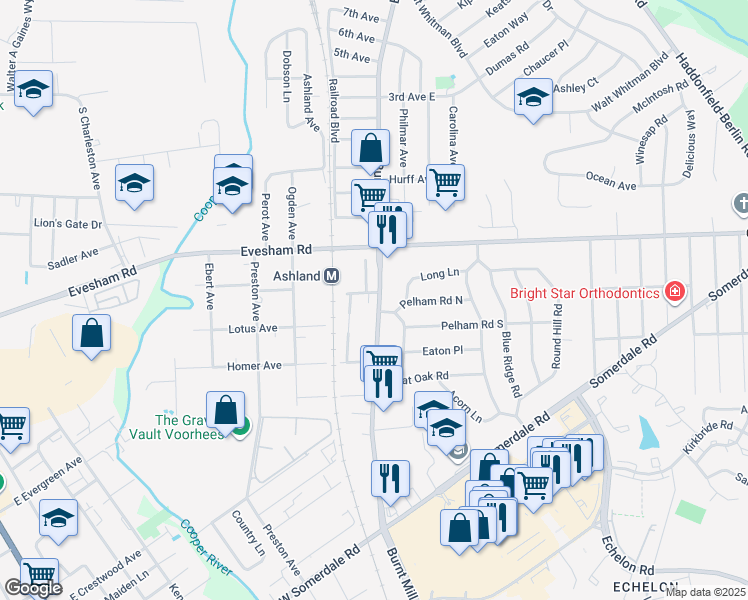 map of restaurants, bars, coffee shops, grocery stores, and more near 102 South Burnt Mill Road in Voorhees Township