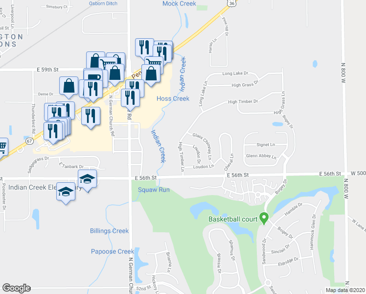 map of restaurants, bars, coffee shops, grocery stores, and more near 5696 Loudon Drive in Indianapolis