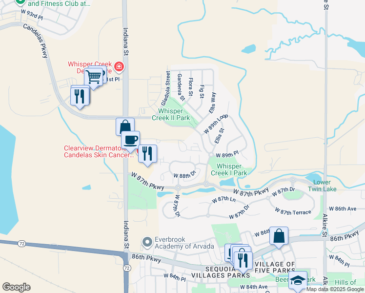 map of restaurants, bars, coffee shops, grocery stores, and more near 8850 Indiana Street in Arvada