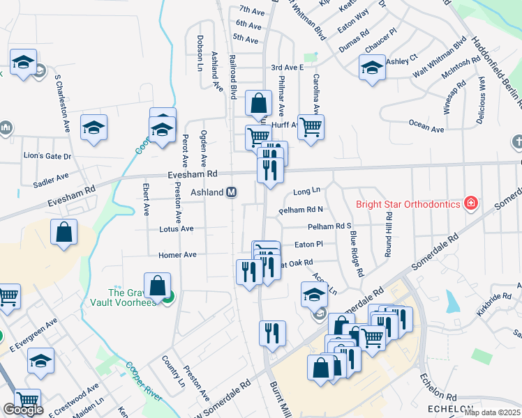 map of restaurants, bars, coffee shops, grocery stores, and more near 102 South Burnt Mill Road in Voorhees Township